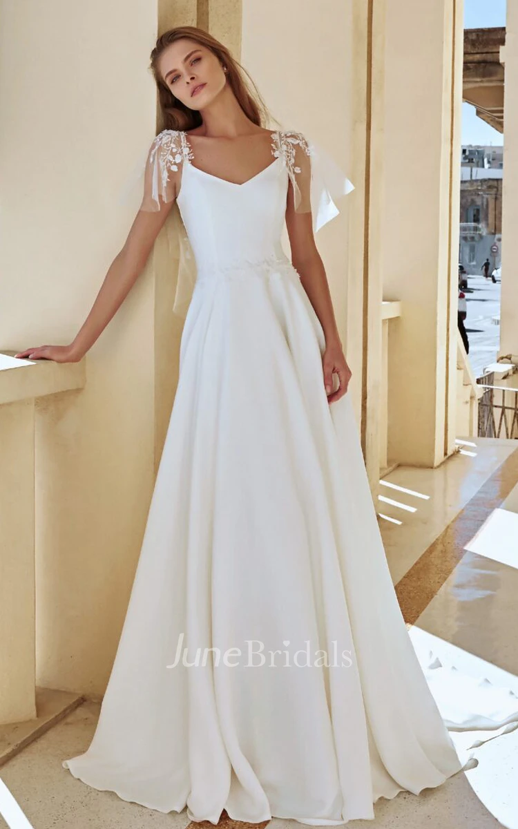 Ethereal Satin Queen Anne A Line Sweep Train Wedding Dress with Ruching 