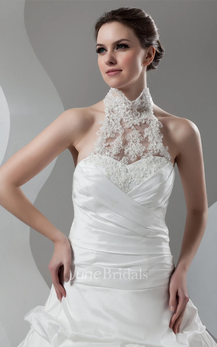 High-Neck Sleeveless Pick-Up Gown with Beading and Appliques