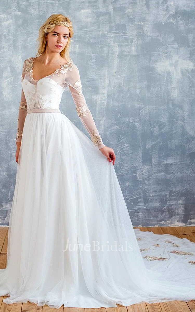 Illusion Long Sleeve Tulle A-line Floor-length Wedding Dress With Appliques  - June Bridals