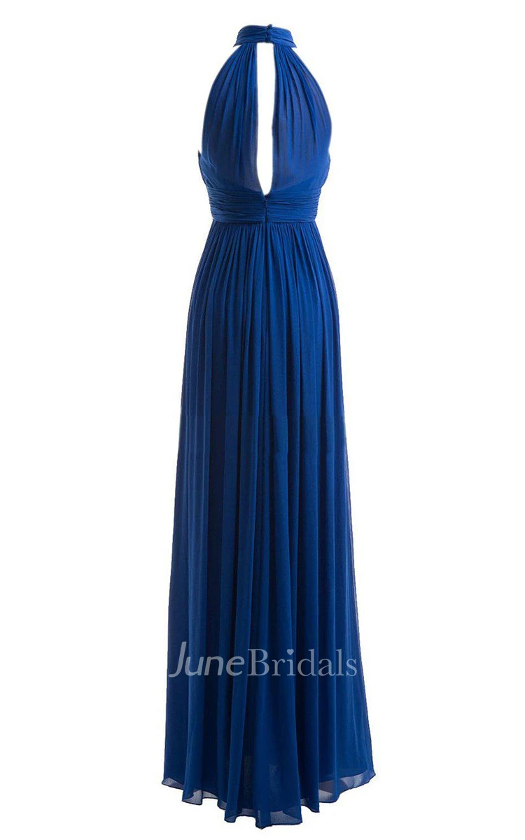 Halter Long Chiffon Gown With Keyhole Detail