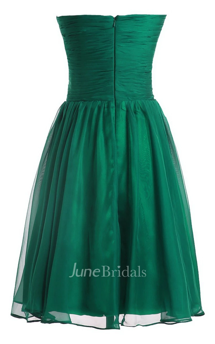 Strapless Pleat and Ruched A-line Dress With Leaf Print
