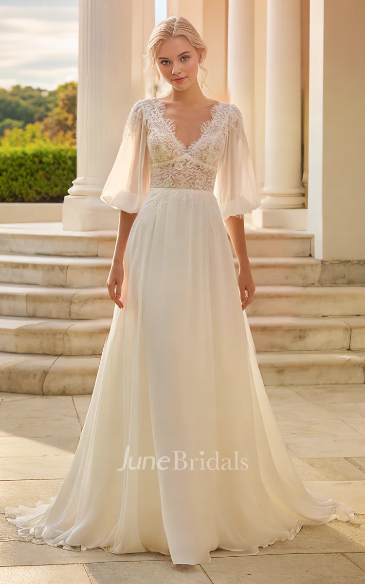 Elegant Solid A-Line V-neck Chiffon Lace Wedding Dress Sexy Boho Half Sleeve Button V Back Bridal Gown