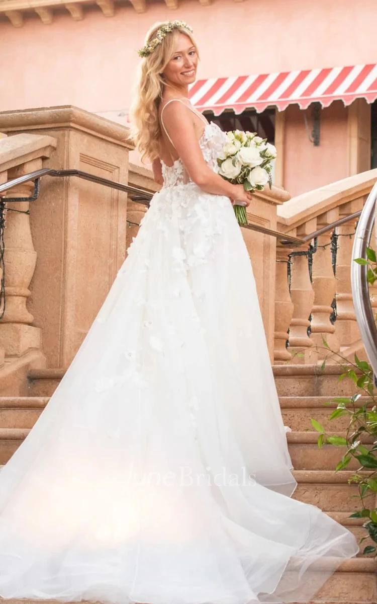 Casual A-Line Spaghetti Organza Lace Wedding Dress With Open Back And Appliques
