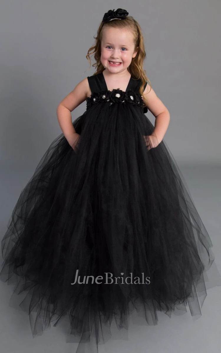strapped Pleated Empire Tulle Dress With Flower Sash Ribbon