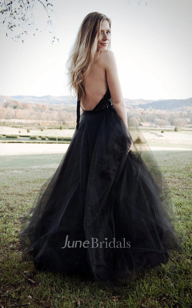 Halter Backless Tulle Dress With Sequins