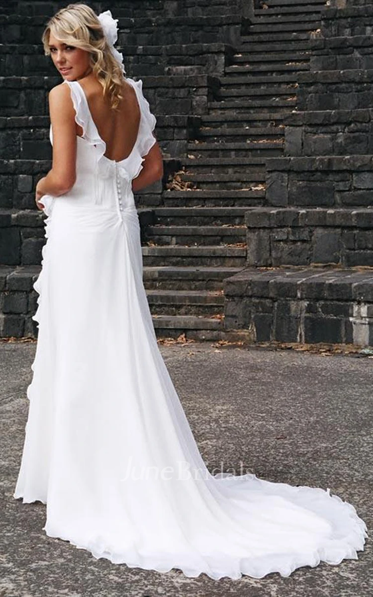 Elegant V-neck Chiffon Ruffles Sleeveless Wedding Dress Bridal Gowns
