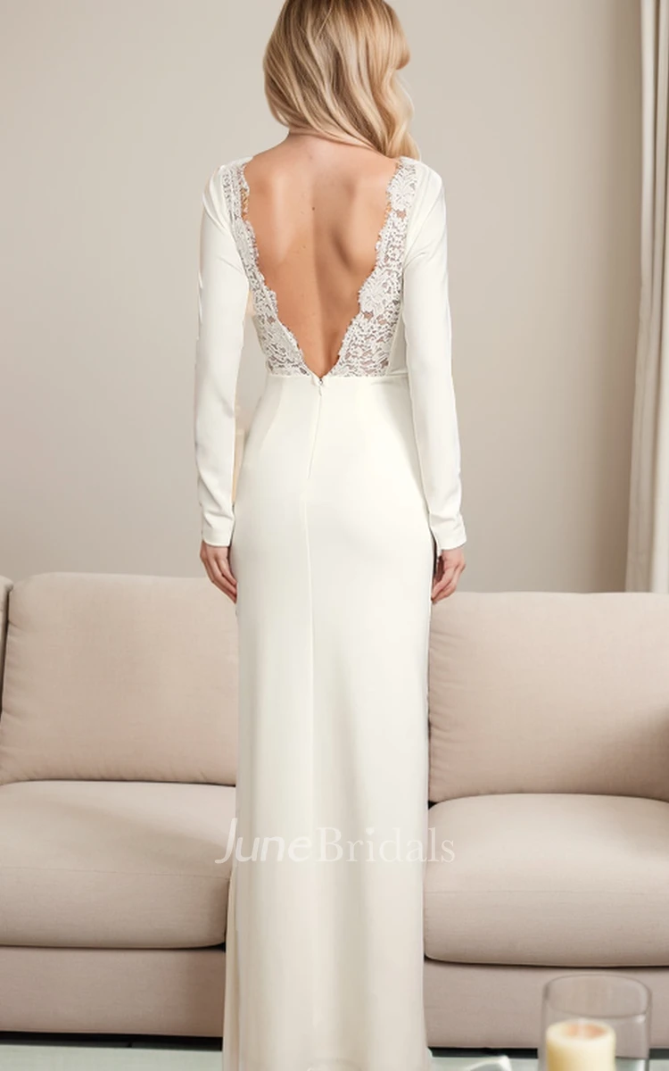 Elegant Lace Deep-V Back Long Sleeve Jewel Neckline Split Front Garden Wedding Dress
