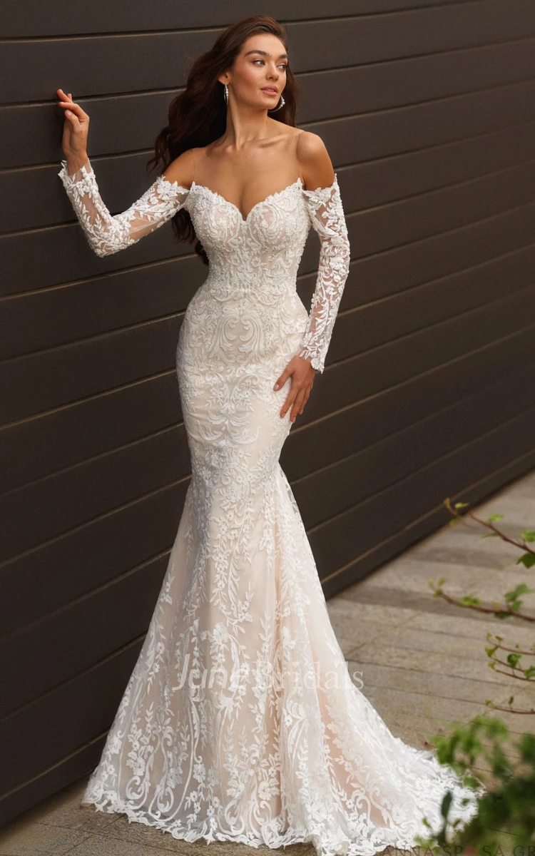 Mermaid Off-the-shoulder V-neck Lace Beach Wedding Dress With Illusion Sleeves And Appliques