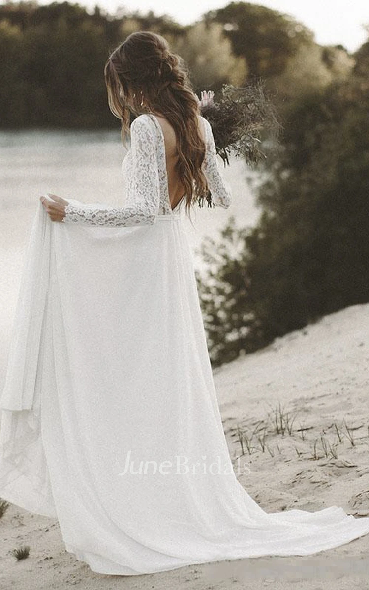 Simple V-neck A-line Long Sleeves Wedding Dress with Lace