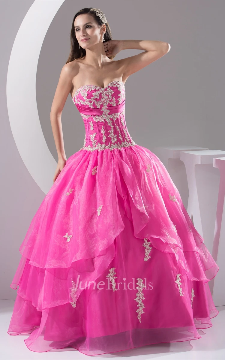 Sweetheart Pleated Ball Gown with Appliques and Ruched Bodice