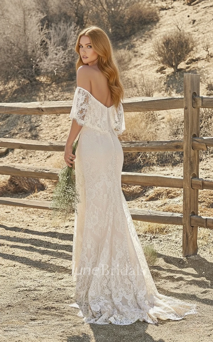 Bohemian Sheath Off-the-shoulder Lace Spring Wedding Dress Draping Short Sleeve Open Back Bridal Gown with Train