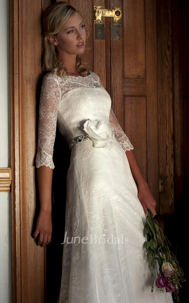 Sheath Half-Sleeve Bateau-Neck Lace Wedding Dress With Waist Jewellery