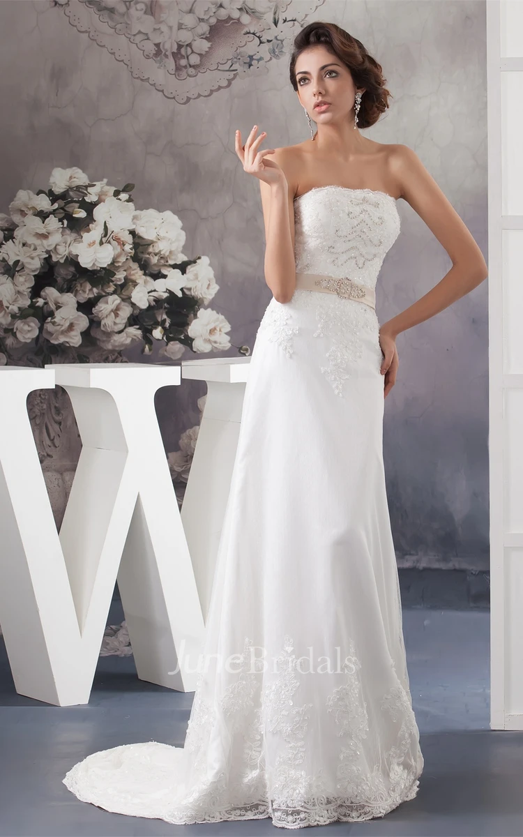 Strapless A-Line Beaded Dress with Lace and Brush Train