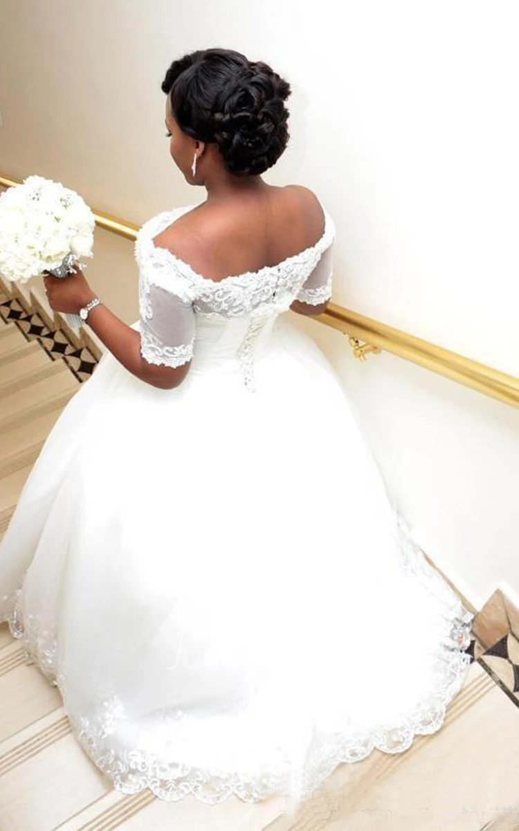 Lace Off Shoulder Sheer Half Sleeves Beaded Lace Up Plus Size Bridal Gown