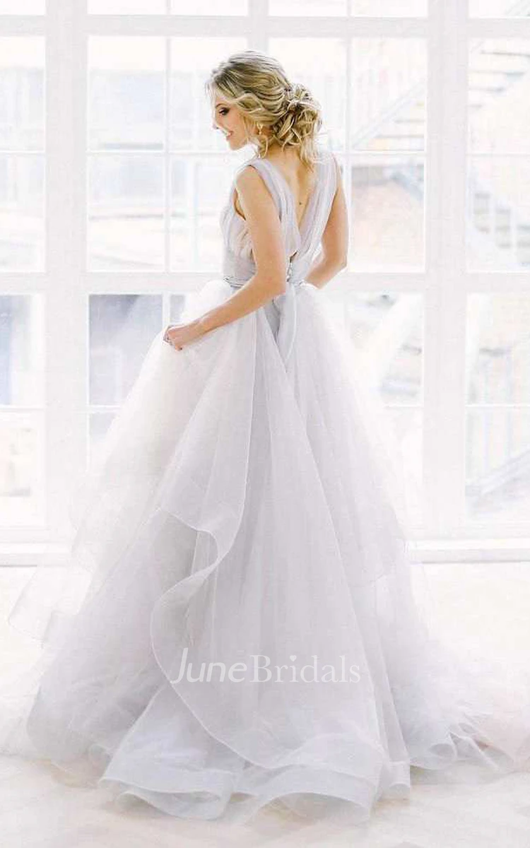 Plunged Tulle A-Line Ball Gown Ruched Dress