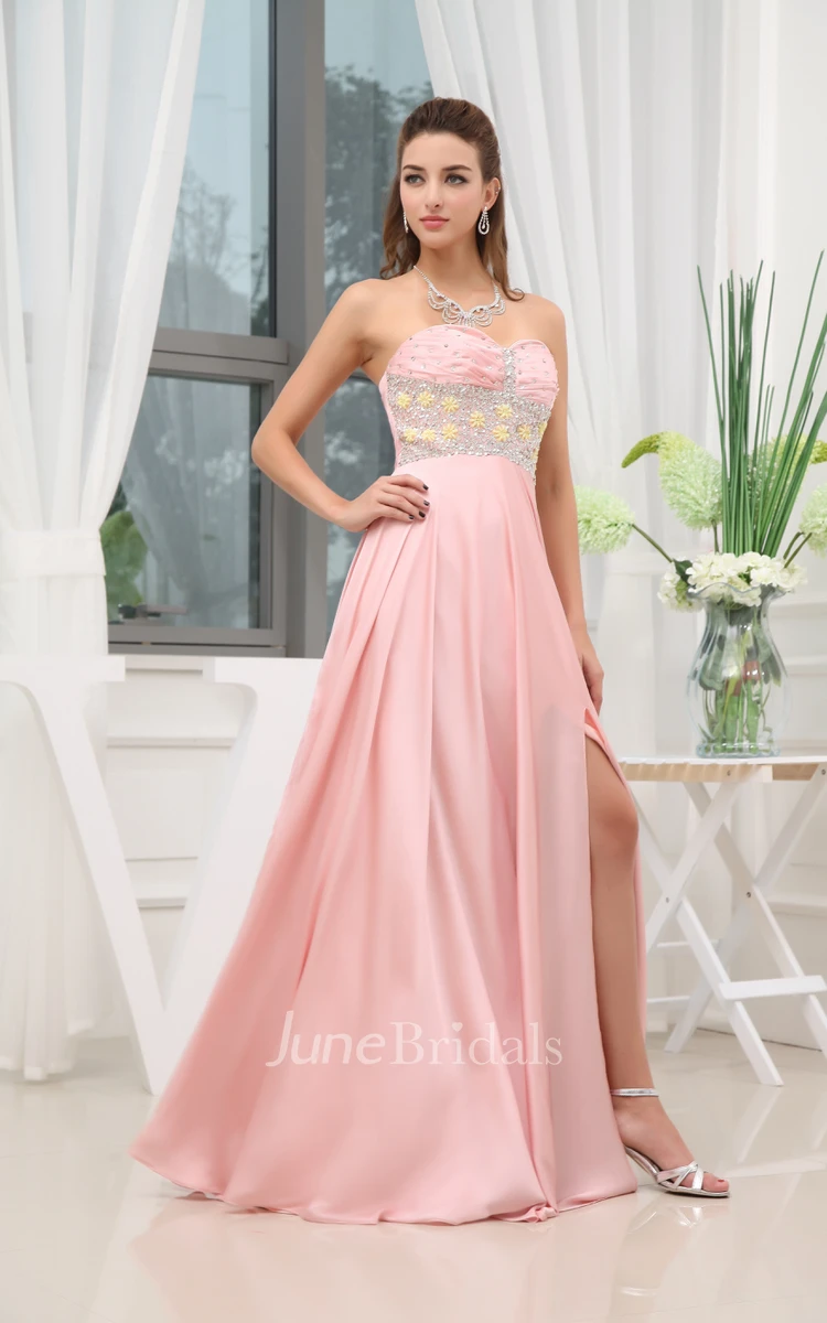 Adorable Strapless Front-Split Dress With Beaded Top