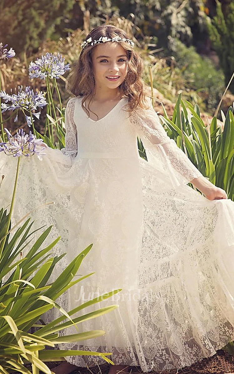 Bell Sleeves Bohemian Simple Flower Girl Dress With Lace