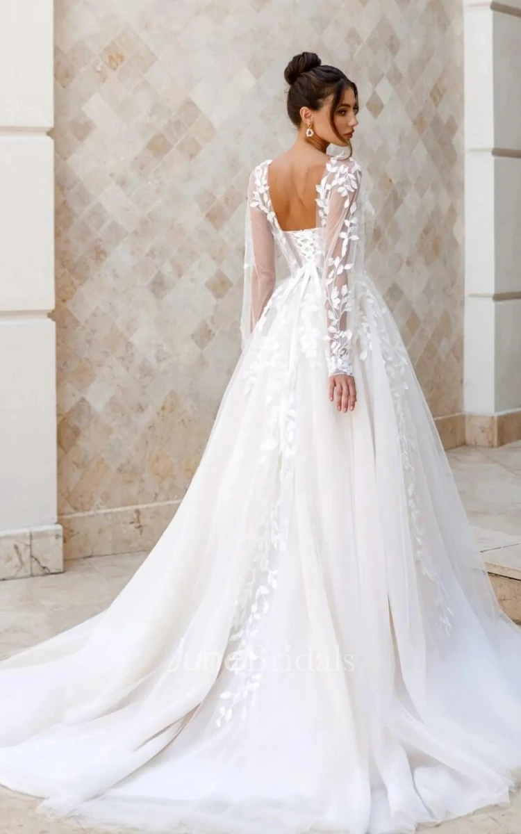 Romantic A-line Flowy Floral Lace Wedding Dress Illusion Tulle Long Sleeve Bridal Gown