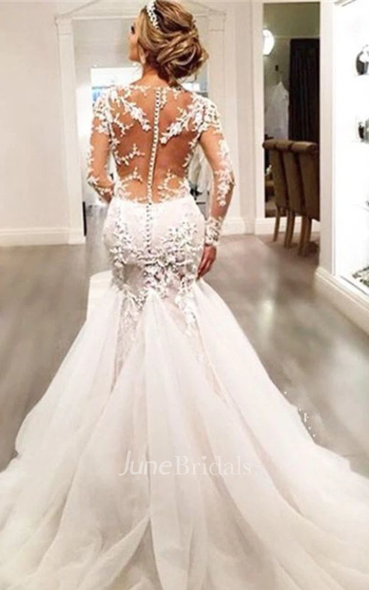 Noble White Boho Lace Mermaid Illusion Sleeves Wedding Dress Elegant Romantic V-Neck Court Train Tulle Bridal Gown