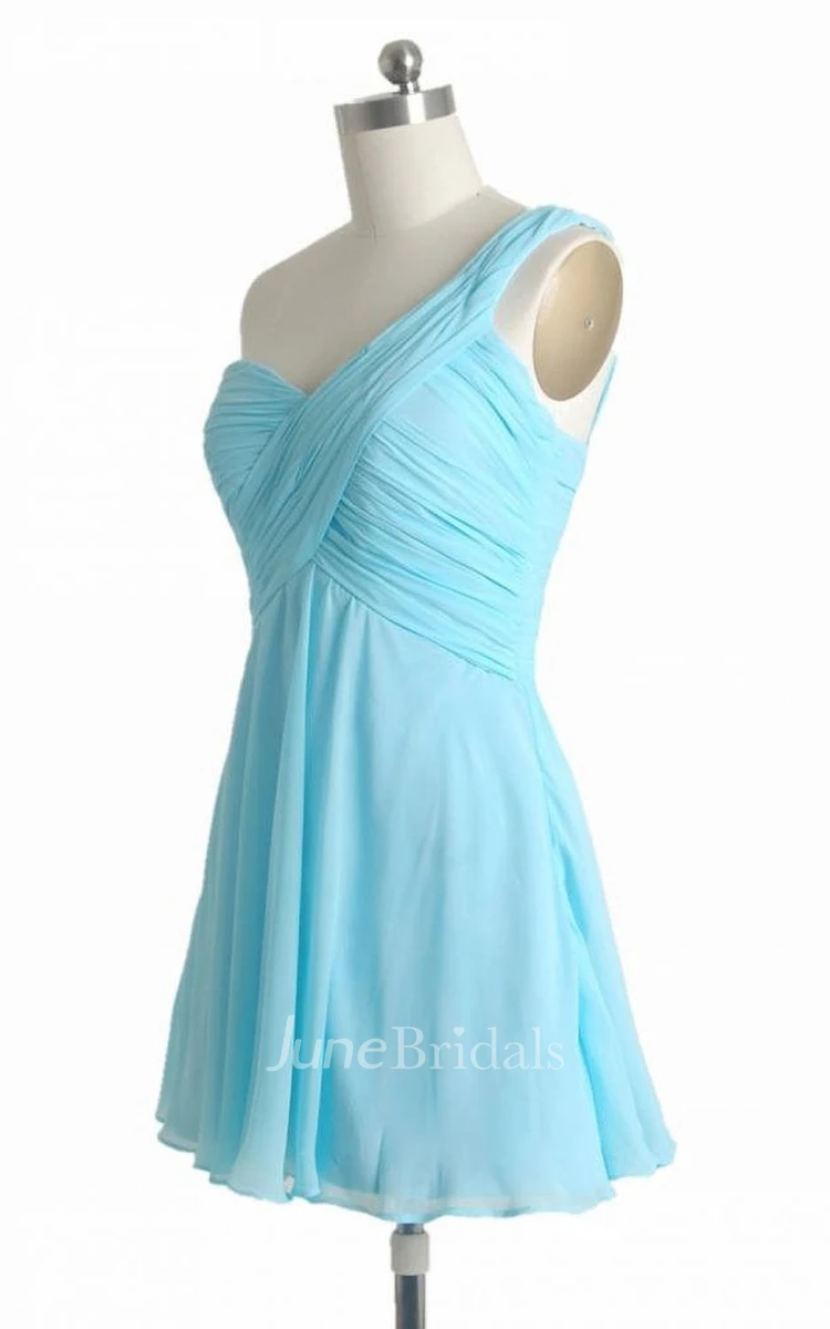 One-shoulder Asymmetrical Ruched Bodice Short Layered Chiffon Dress
