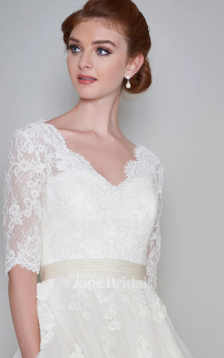 Simple Lace and Organza A-line V-neck Half Sleeve Ankle Length Bridal Gown