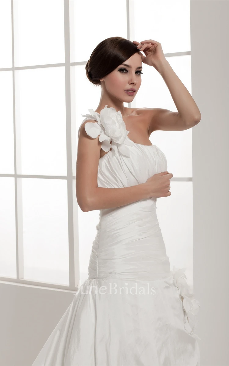 One-Shoulder Ruched A-Line Gown with Flower and Single Strap