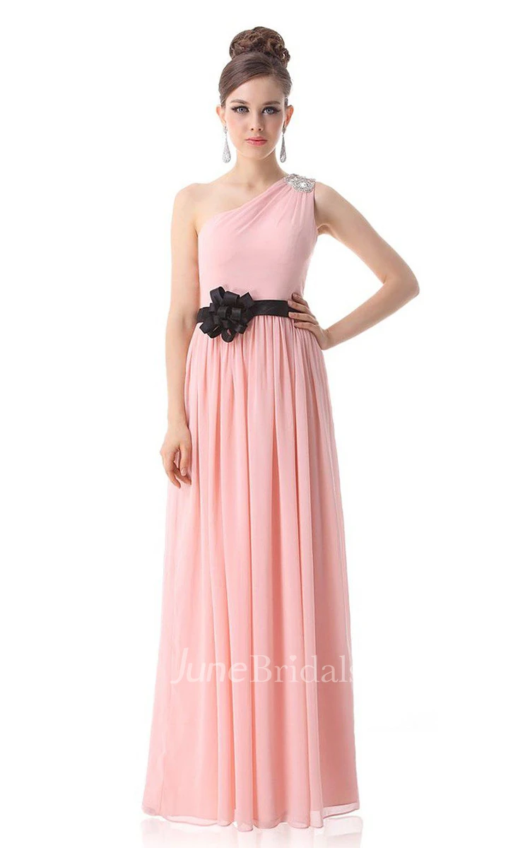 One-shoulder Long Chiffon Gown With Floral Belt