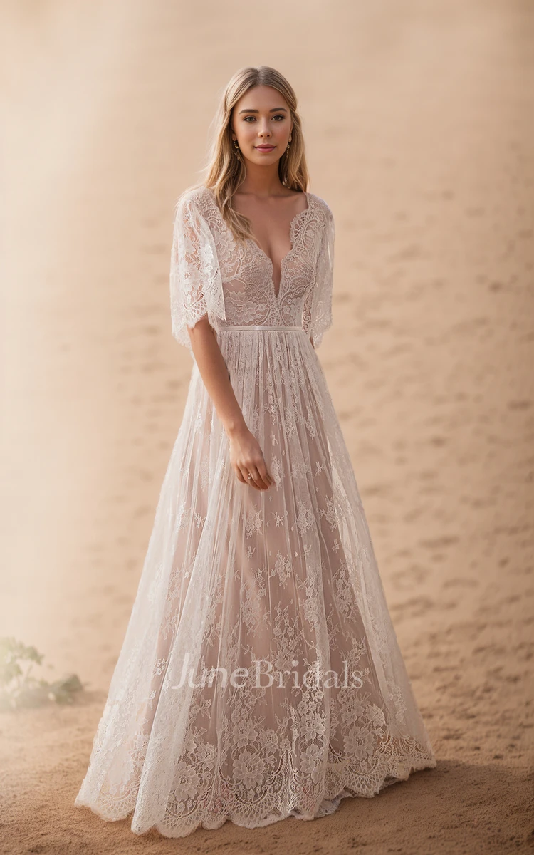 Sexy Bohemian Lace Maxi Short Sleeve A-Line Wedding Reception Dress Floral Romantic Deep V Neck Low Back Beach Garden Bridal Gown with Sash