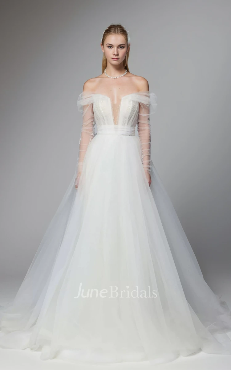 A-Line Off-the-shoulder V-Neck Tulle Wedding Dress Floor-length Long Sleeve V Illusion Back Bridal Gown