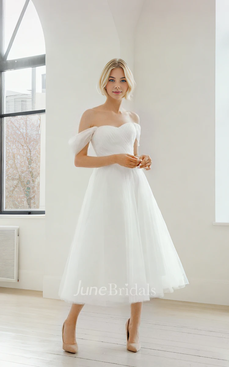 A-Line Off-the-shoulder Sweetheart Tulle Simple Sexy Adorable Modern Garden Petite Tea-length Pleats Sleeveless Backless Lace-up Back Wedding Dress Gown