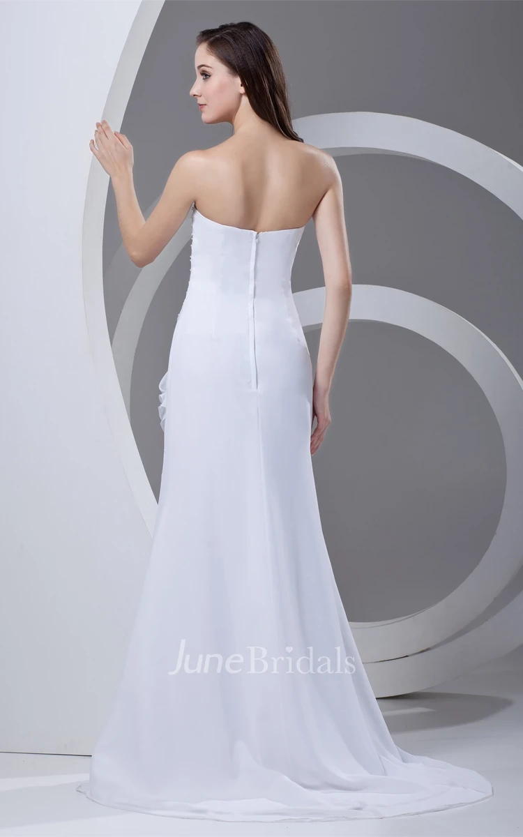 strapless column chiffon gown with draping and beading