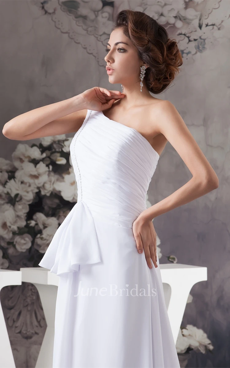 One-Shoulder Chiffon Ruched Dress with Bow and Brush Train