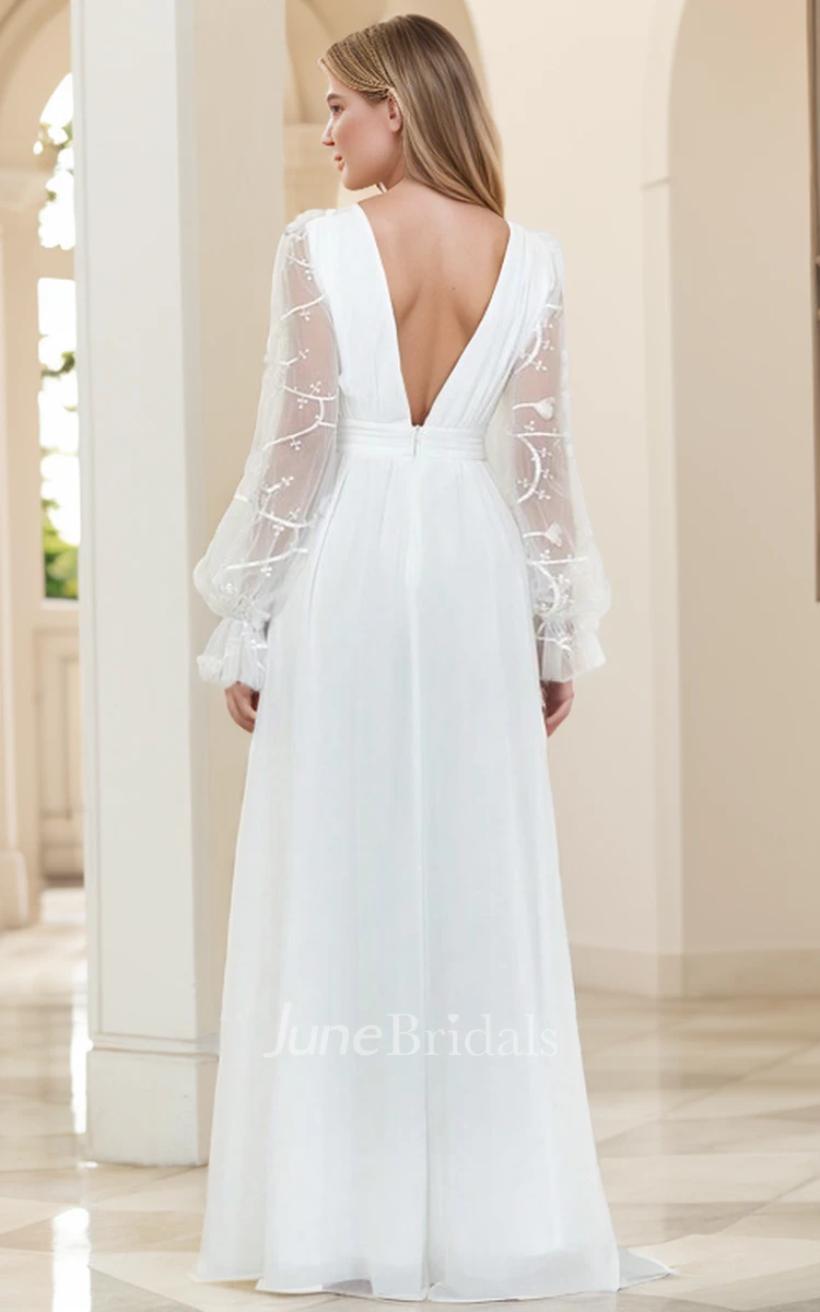 Satin A-Line V-Neck Tulle Long Sleeve Boho Beach Gown Wedding Dress with Split Front