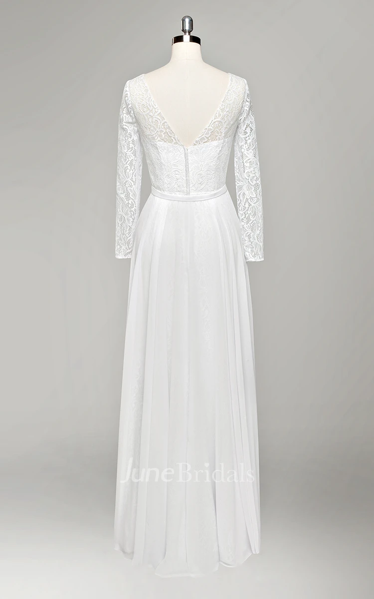 V-Neck Long Sleeve A-Line Lace and Chiffon Wedding Dress With Pleats