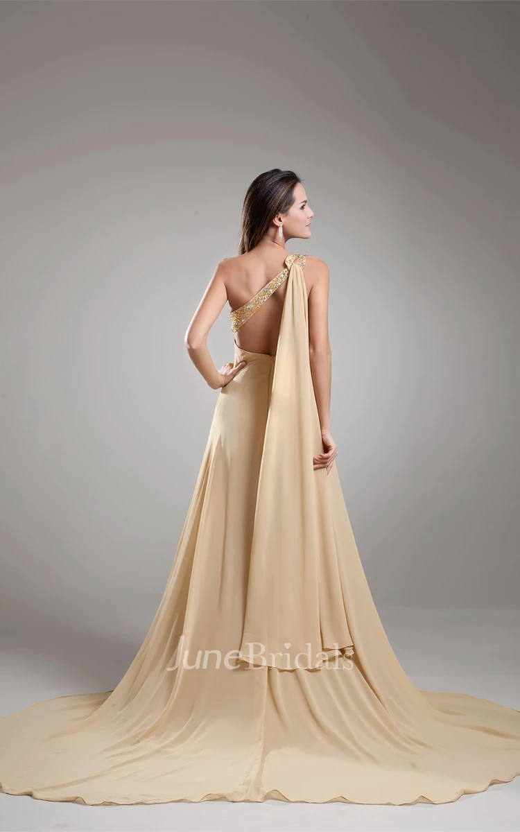 One-Shoulder Front-Split Long Dress with Jeweled Top