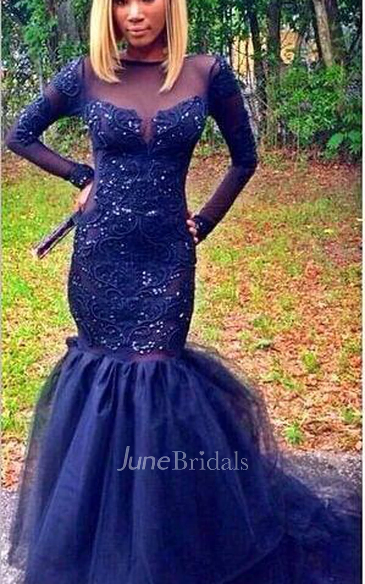 Sparkly Navy Blue Long Sleeve Prom Dresses Mermaid Appliques