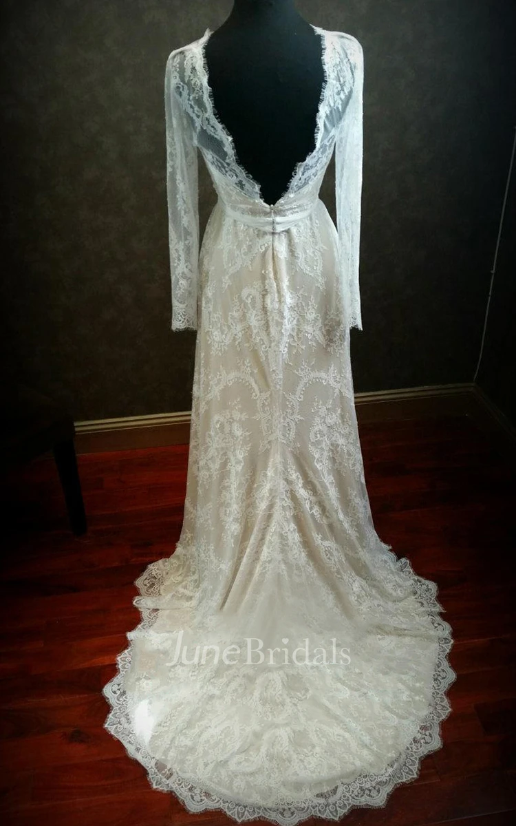 Nude And Ivory Lace Stretch Wedding With Long Sleeves Dress