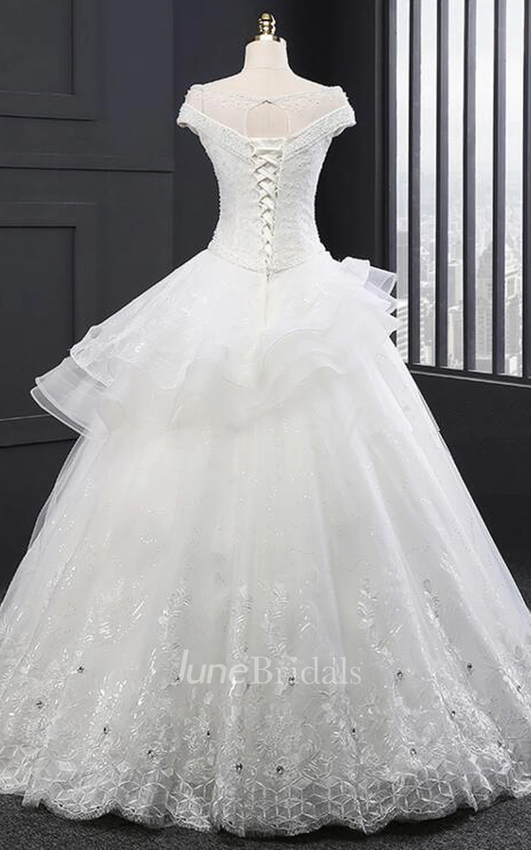 Bateau Neck Short Sleeve A-line Wedding Dress With Beading And Tiers