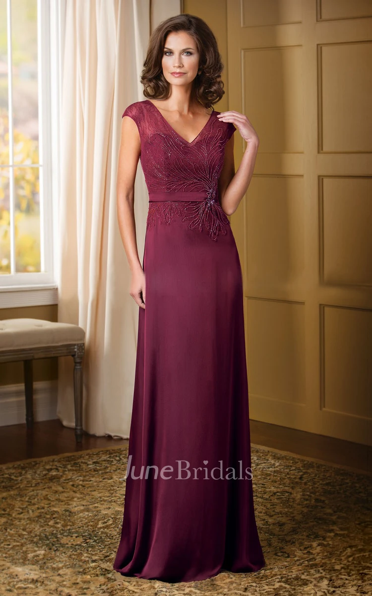 V-neck Cap-sleeve Sheath Jersey Dress With Lace And Beading