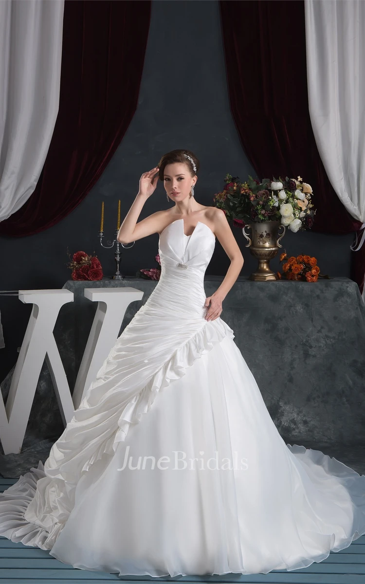 Strapless Side-Ruched Ball Gown with Broach and Flower