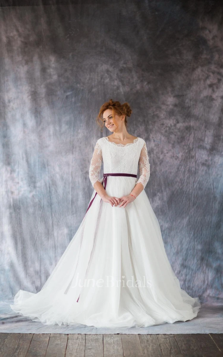 Scoop Neck Long Sleeve A-Line Organza Wedding Dress With Lace Bodice