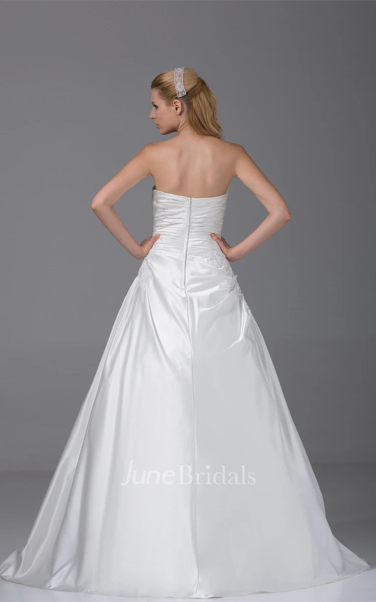 Strapless Ruched Satin Ball Gown with Appliques and Pick Up