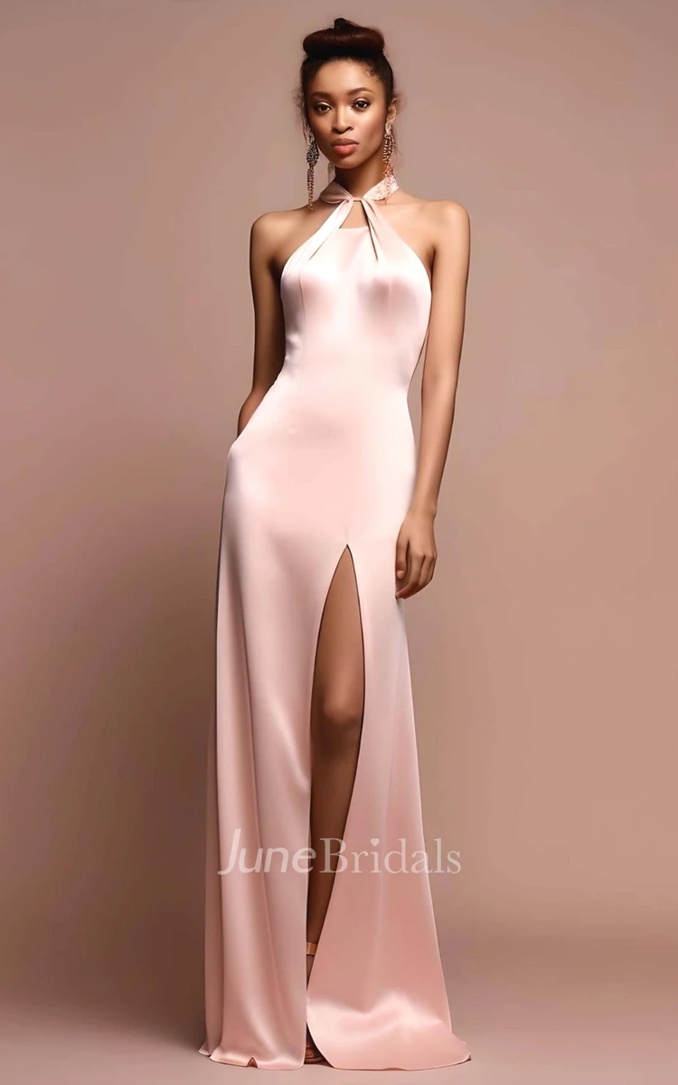 Mermaid Satin Sleeveless Evening Dress 2023 with Split Front Simple Casual Sexy Ethereal Modern Halter Neck Sweep Train
