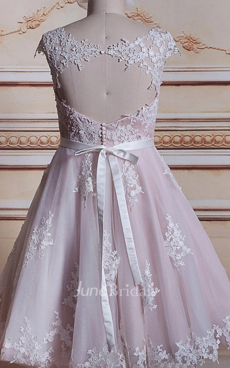 A-Line Tea-Length Cap Sleeve Tulle Lace Satin Dress With Keyhole Back