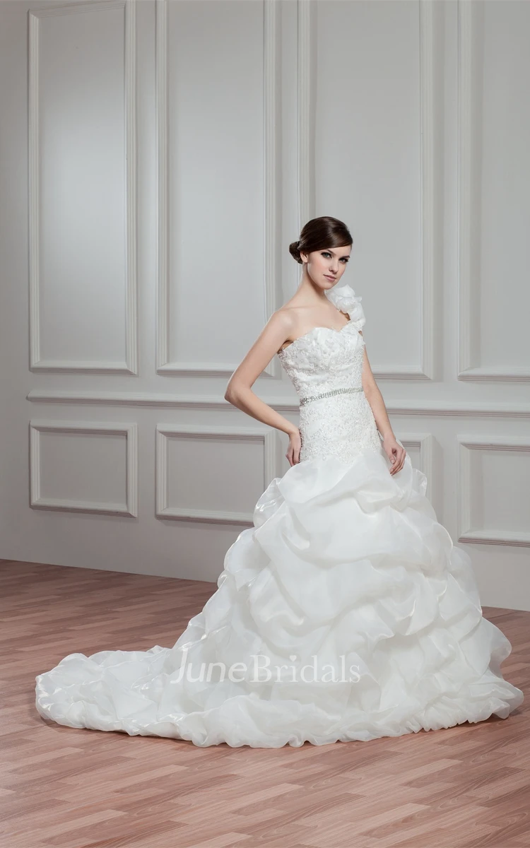 One-Shoulder Pick-Up Ball Gown with Appliques and Gemmed Waist