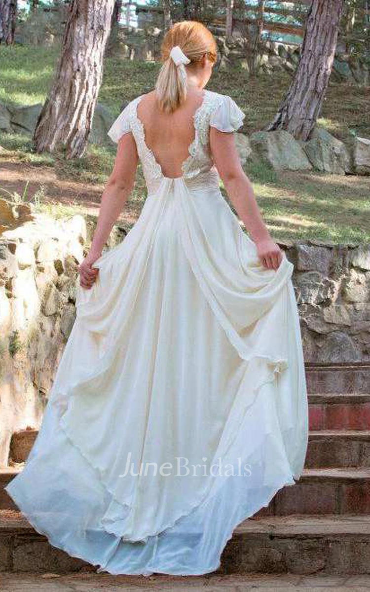 Bateau Poet-Sleeve Chiffon Lace Wedding Dress With Deep-V Back And Draping