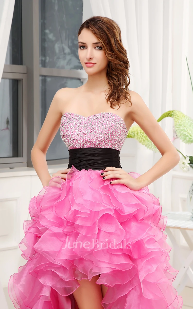 Blushing Strapless Dress With Beaded Top and Ruffles