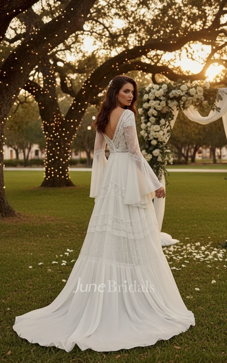 Boho Lace Wedding Dress Long Sleeves Deep V Neck A Line Bridal Gown for Outdoor Destination Wedding