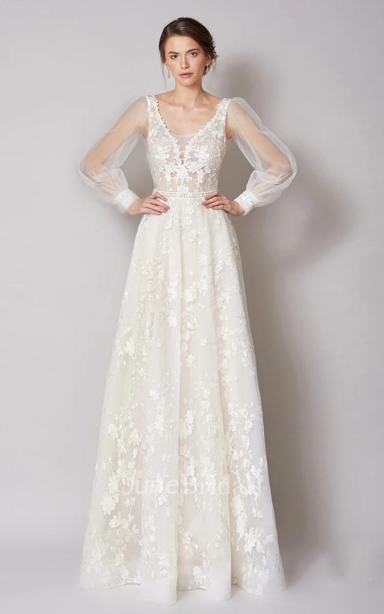 Ethereal A Line Illusion Sleeved Bridal Dress with Appliques