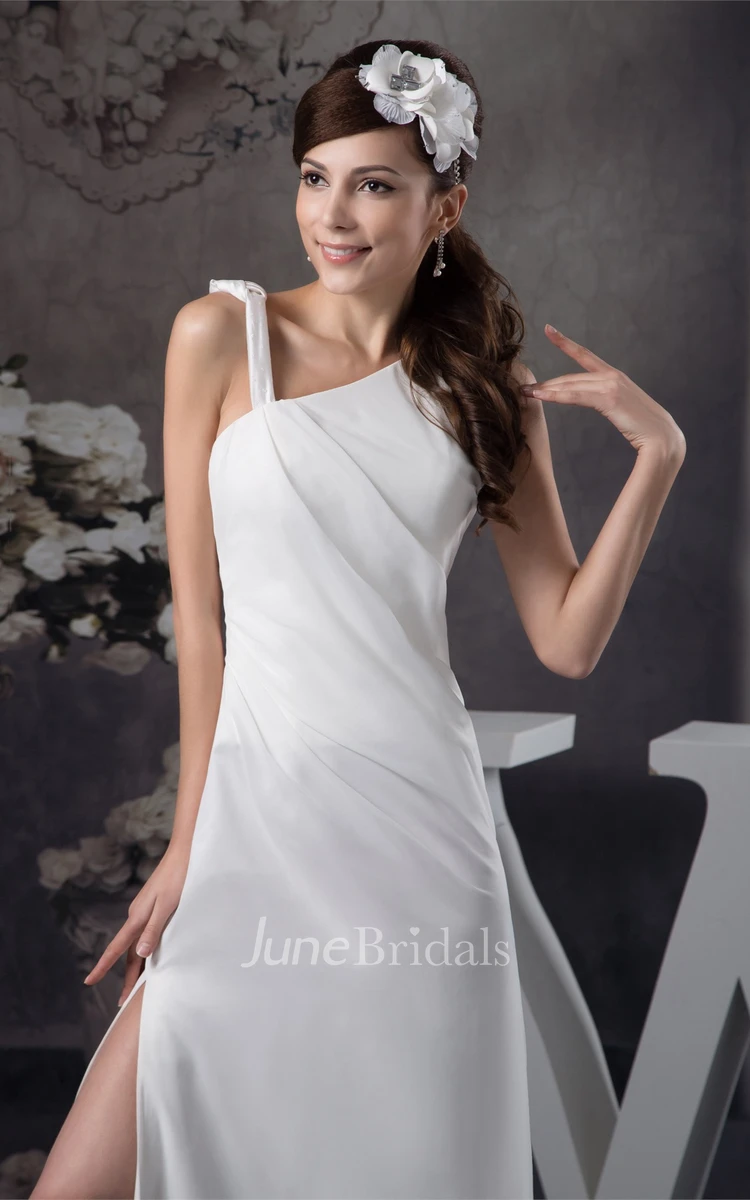 Asymmetrical Ankle-Length Dress with Side Slit and Ruching